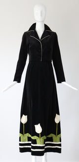 "Pleated Tulips" Vintage 1970's Black Velvet Tulip Detail Skirt & Jacket Set UK 8 US 4