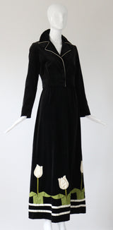"Pleated Tulips" Vintage 1970's Black Velvet Tulip Detail Skirt & Jacket Set UK 8 US 4