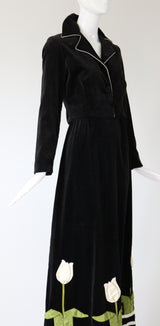 "Pleated Tulips" Vintage 1970's Black Velvet Tulip Detail Skirt & Jacket Set UK 8 US 4