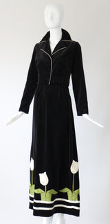 "Pleated Tulips" Vintage 1970's Black Velvet Tulip Detail Skirt & Jacket Set UK 8 US 4