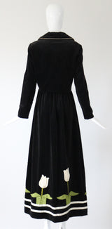 "Pleated Tulips" Vintage 1970's Black Velvet Tulip Detail Skirt & Jacket Set UK 8 US 4