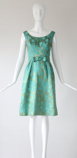 "Aqua Floral Brocade" Vintage 1950's Aqua Floral Brocade Dress & Coat Ensemble UK 8 US 4