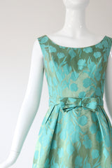 "Aqua Floral Brocade" Vintage 1950's Aqua Floral Brocade Dress & Coat Ensemble UK 8 US 4