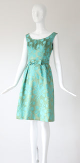 "Aqua Floral Brocade" Vintage 1950's Aqua Floral Brocade Dress & Coat Ensemble UK 8 US 4