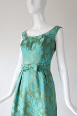 "Aqua Floral Brocade" Vintage 1950's Aqua Floral Brocade Dress & Coat Ensemble UK 8 US 4