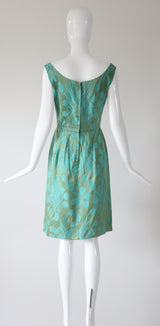 "Aqua Floral Brocade" Vintage 1950's Aqua Floral Brocade Dress & Coat Ensemble UK 8 US 4