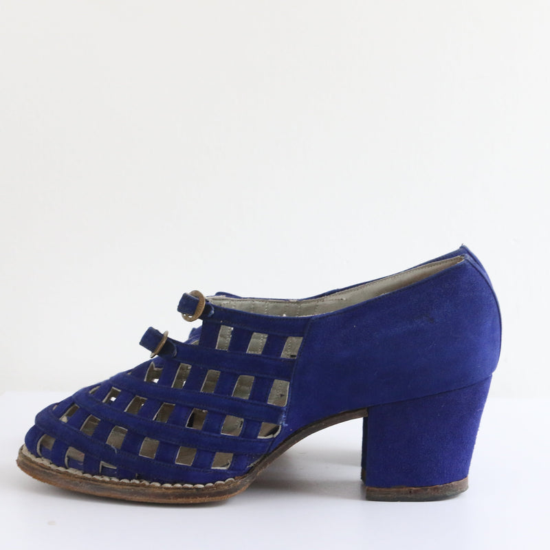 "Cobalt Blue Lattice" Vintage 1940s Cobalt Blue Suede Heels UK 6.5 EU 39.5 US 8.5
