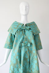 "Aqua Floral Brocade" Vintage 1950's Aqua Floral Brocade Dress & Coat Ensemble UK 8 US 4