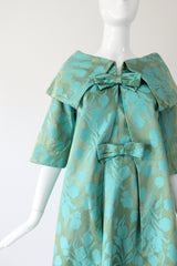 "Aqua Floral Brocade" Vintage 1950's Aqua Floral Brocade Dress & Coat Ensemble UK 8 US 4