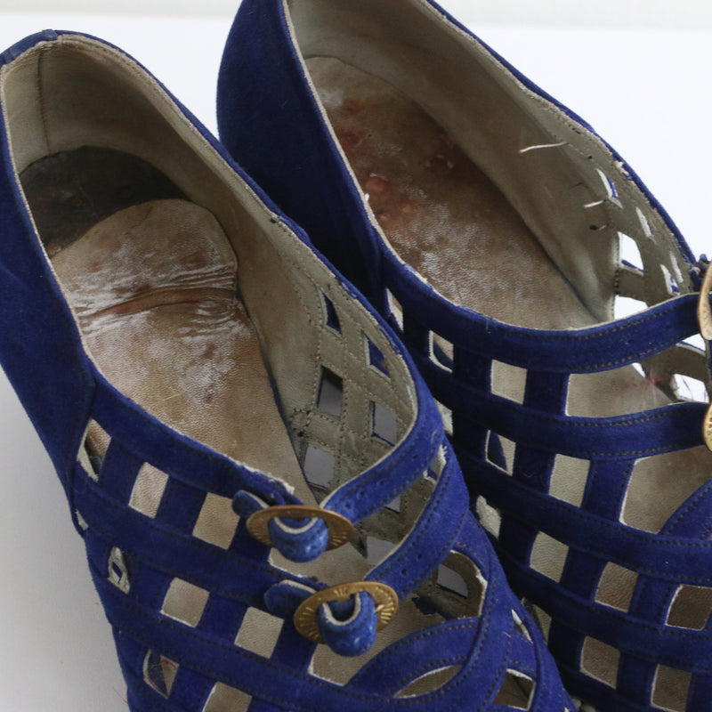 "Cobalt Blue Lattice" Vintage 1940s Cobalt Blue Suede Heels UK 6.5 EU 39.5 US 8.5