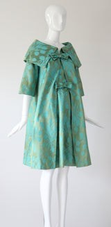 "Aqua Floral Brocade" Vintage 1950's Aqua Floral Brocade Dress & Coat Ensemble UK 8 US 4