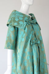 "Aqua Floral Brocade" Vintage 1950's Aqua Floral Brocade Dress & Coat Ensemble UK 8 US 4