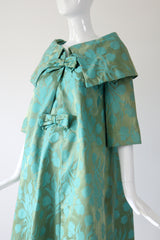"Aqua Floral Brocade" Vintage 1950's Aqua Floral Brocade Dress & Coat Ensemble UK 8 US 4