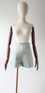 "Ice Blue & Gold Lurex" Vintage 1960's Ice Blue Silk Brocade & Gold Lurex Shorts UK 6 US 2