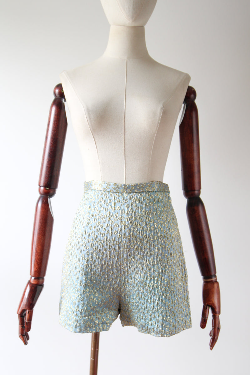 "Ice Blue & Gold Lurex" Vintage 1960's Ice Blue Silk Brocade & Gold Lurex Shorts UK 6 US 2