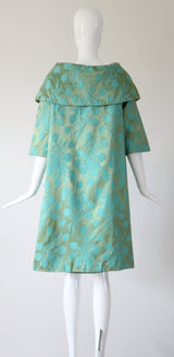 "Aqua Floral Brocade" Vintage 1950's Aqua Floral Brocade Dress & Coat Ensemble UK 8 US 4