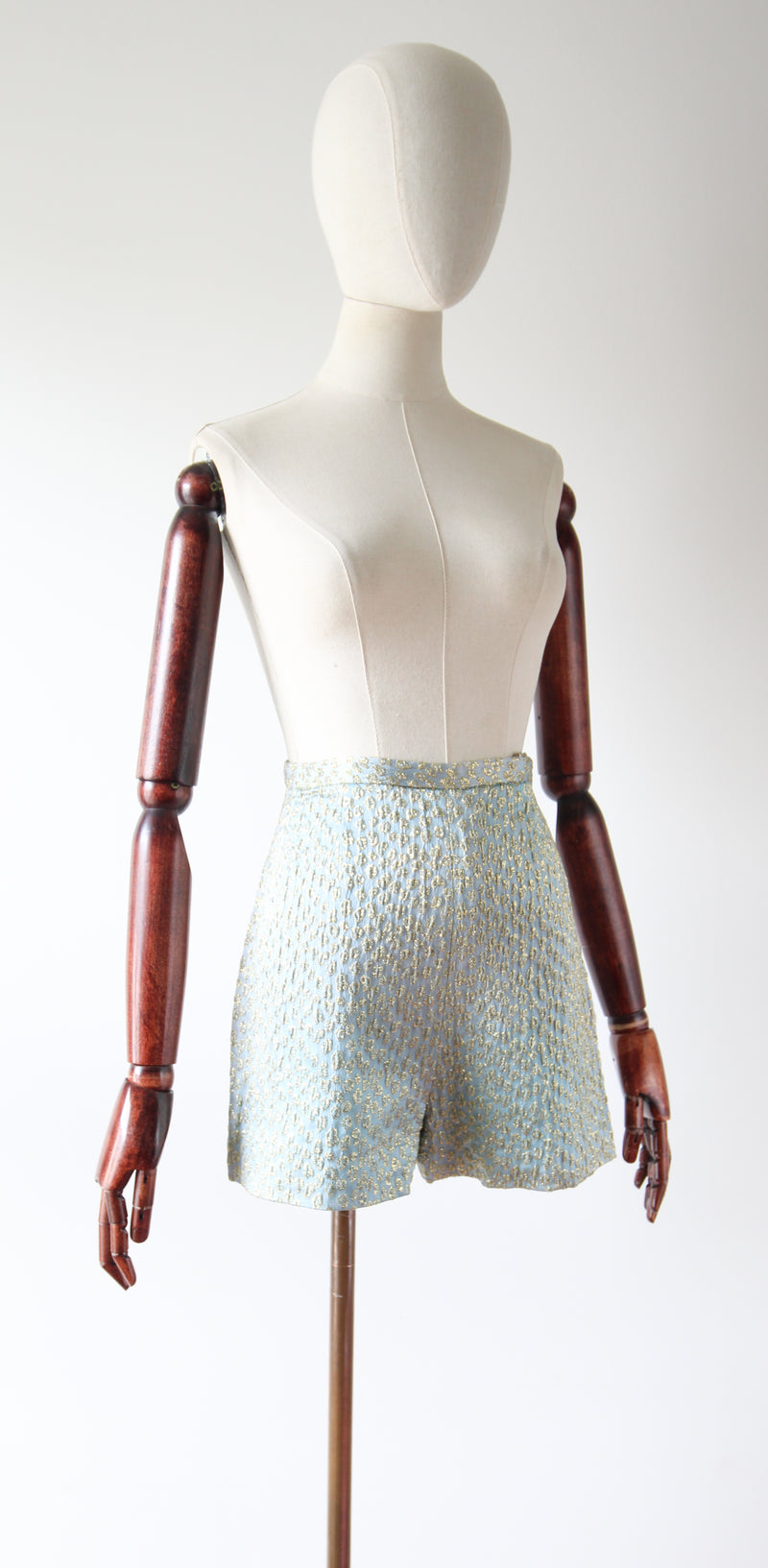 "Ice Blue & Gold Lurex" Vintage 1960's Ice Blue Silk Brocade & Gold Lurex Shorts UK 6 US 2