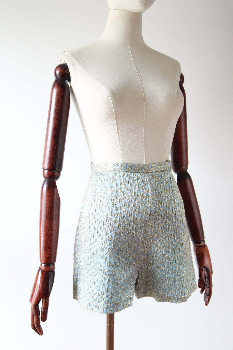 "Ice Blue & Gold Lurex" Vintage 1960's Ice Blue Silk Brocade & Gold Lurex Shorts UK 6 US 2