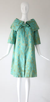 "Aqua Floral Brocade" Vintage 1950's Aqua Floral Brocade Dress & Coat Ensemble UK 8 US 4