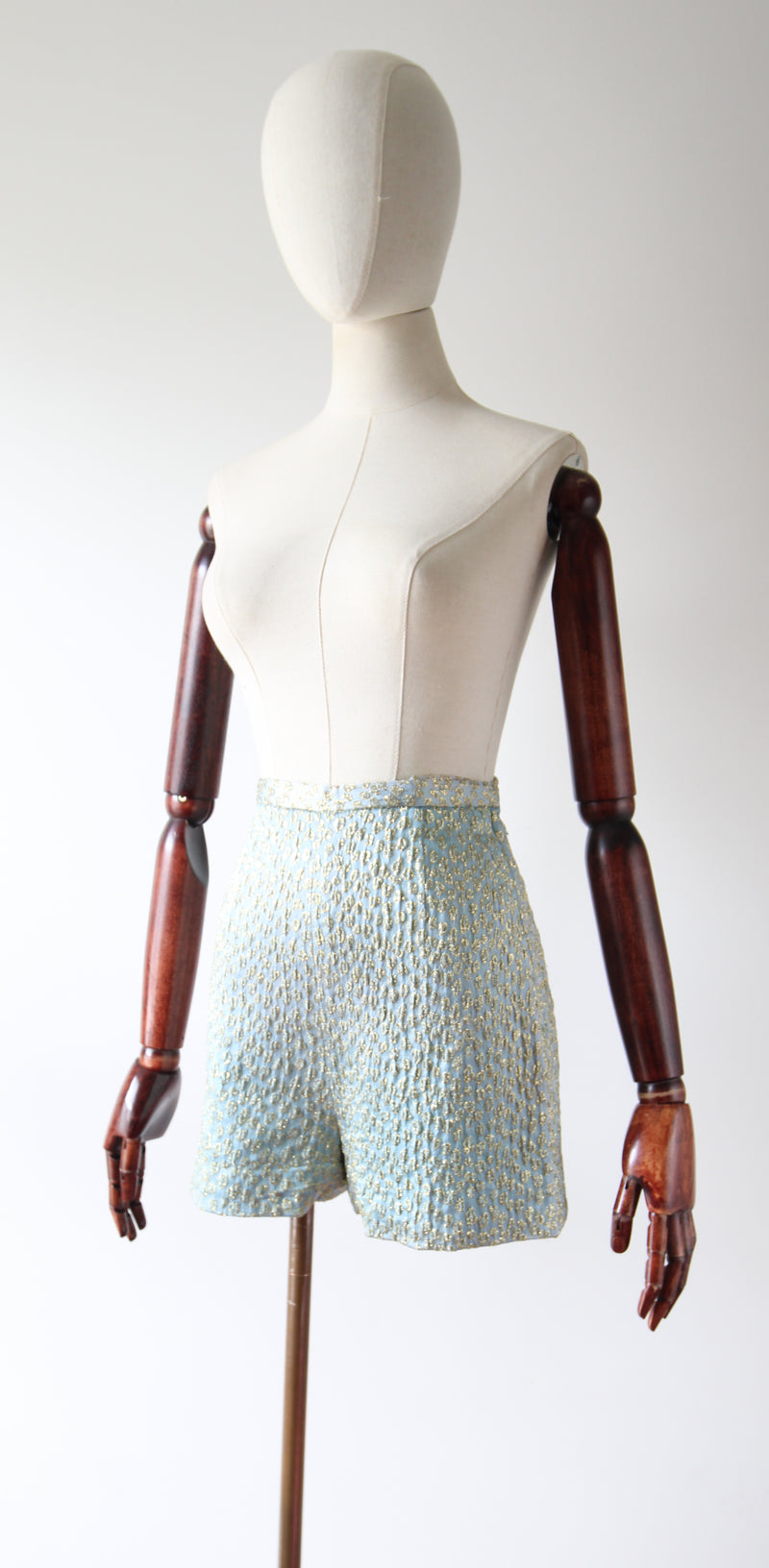 "Ice Blue & Gold Lurex" Vintage 1960's Ice Blue Silk Brocade & Gold Lurex Shorts UK 6 US 2