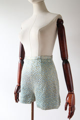 "Ice Blue & Gold Lurex" Vintage 1960's Ice Blue Silk Brocade & Gold Lurex Shorts UK 6 US 2