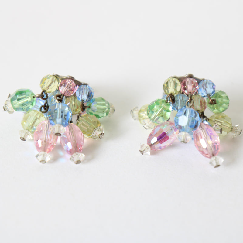 "Pastel Glass Beads" Vintage 1960's Pastel Glass Faceted Cluster Clip on Earrings