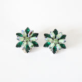"Emerald Florals" Vintage 1950's Iridescent Green & Emerald Rhinestone Clip on Earrings