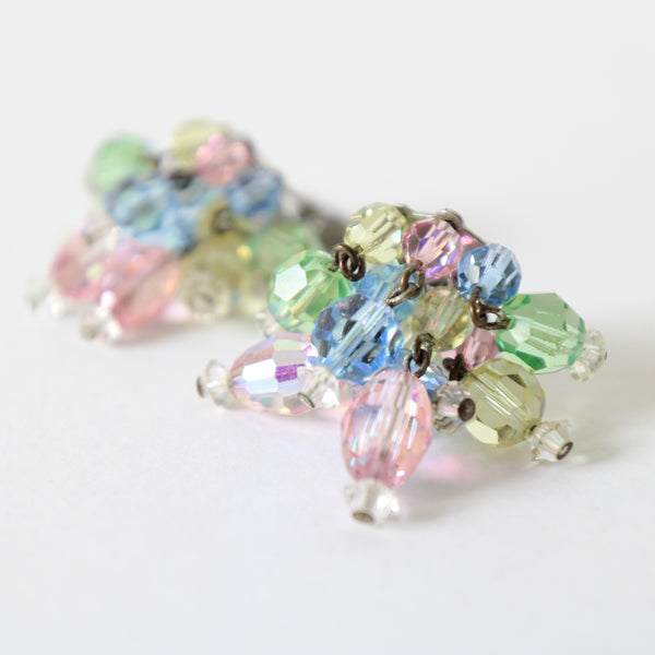 "Pastel Glass Beads" Vintage 1960's Pastel Glass Faceted Cluster Clip on Earrings