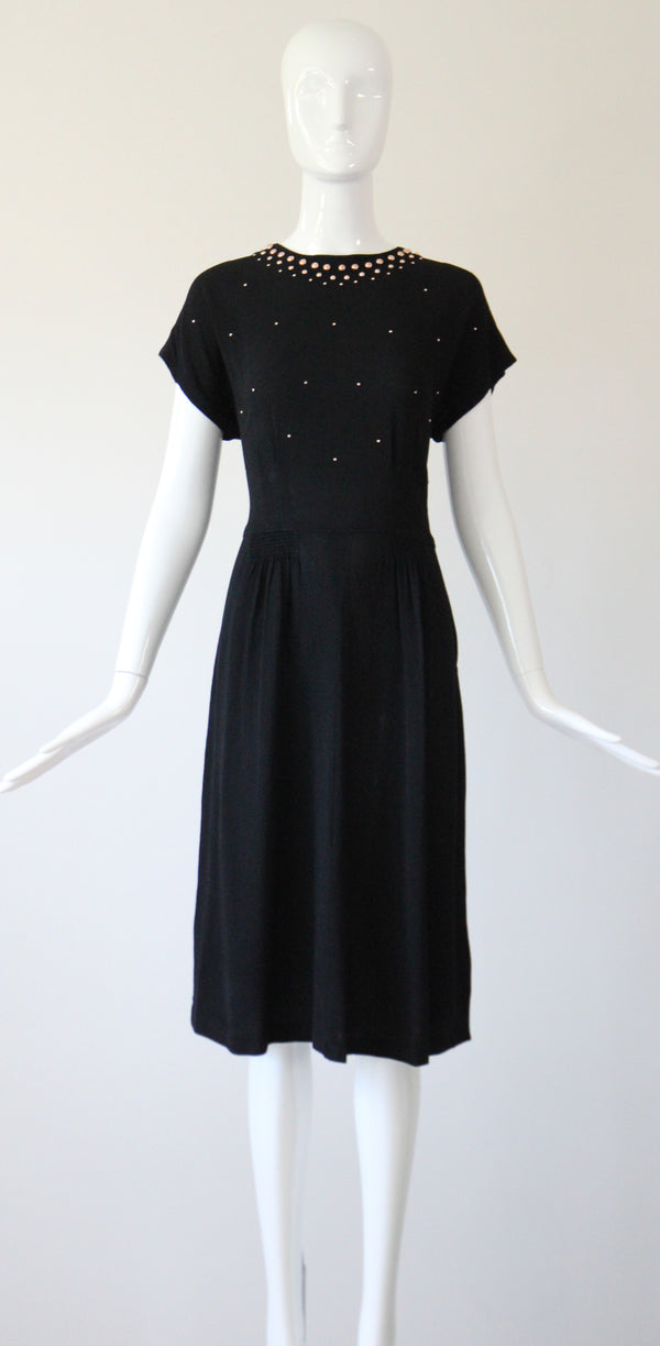 "Rose Gold Studs" Vintage 1940's Crepe Silk Studded Dress UK 12 US 8