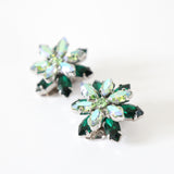 "Emerald Florals" Vintage 1950's Iridescent Green & Emerald Rhinestone Clip on Earrings