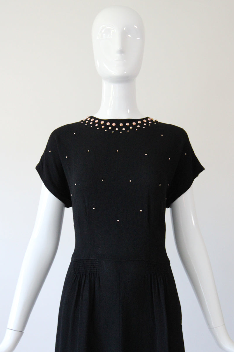 "Rose Gold Studs" Vintage 1940's Crepe Silk Studded Dress UK 12 US 8