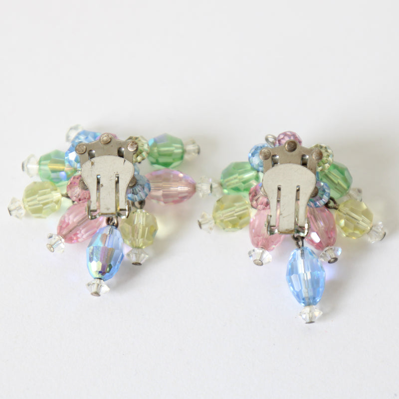 "Pastel Glass Beads" Vintage 1960's Pastel Glass Faceted Cluster Clip on Earrings