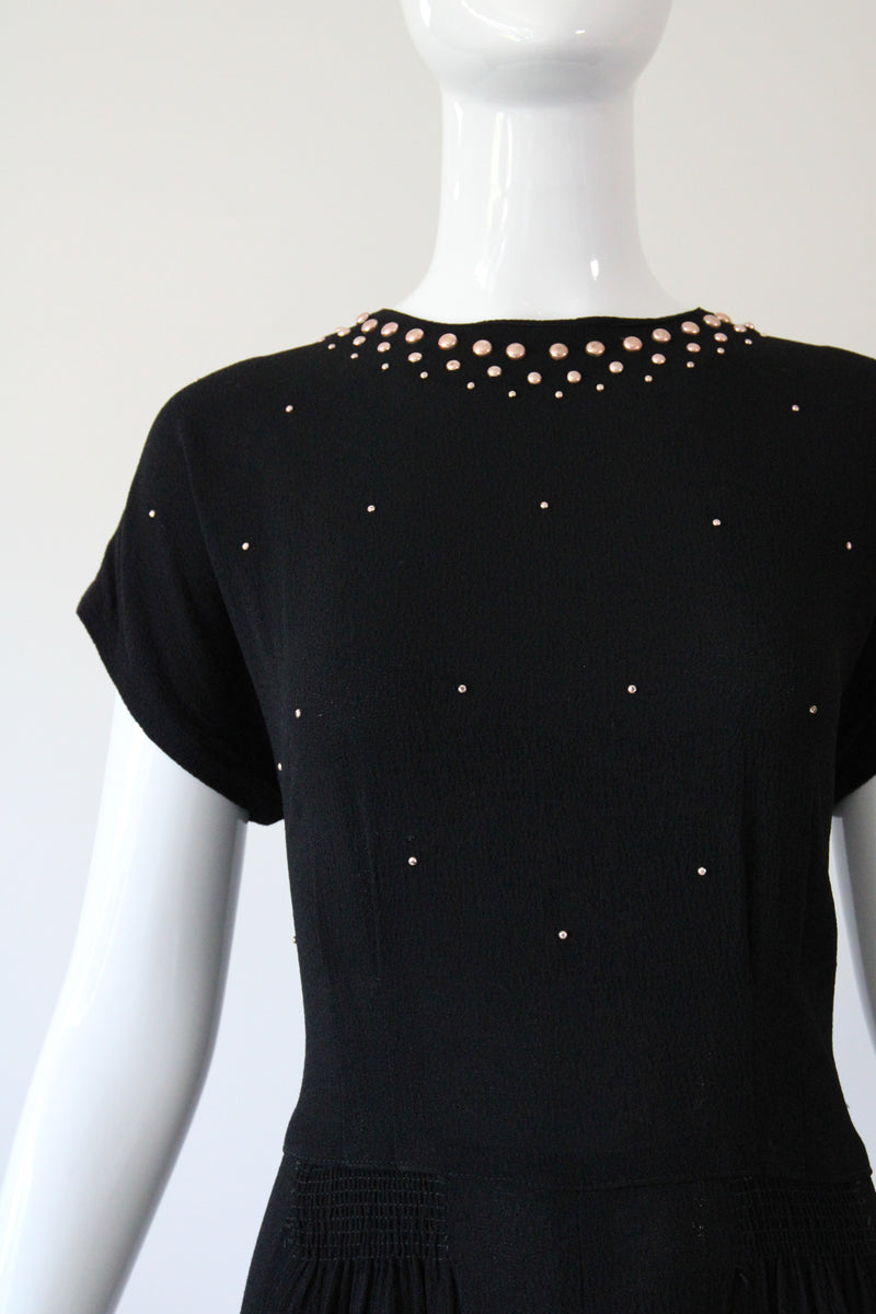 "Rose Gold Studs" Vintage 1940's Crepe Silk Studded Dress UK 12 US 8