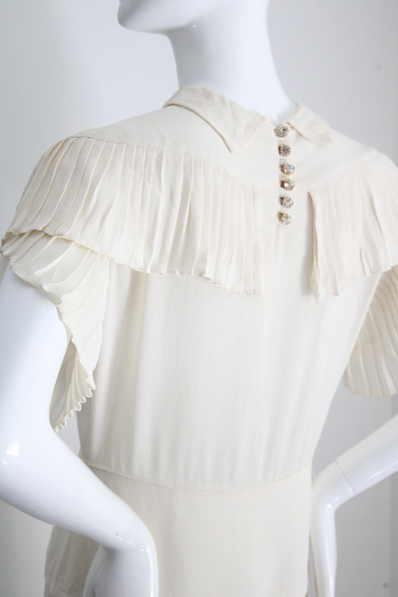 "Cream Pleats" Vintage 1940's Cream Crepe Silk Pleated Dress UK 10 US 6