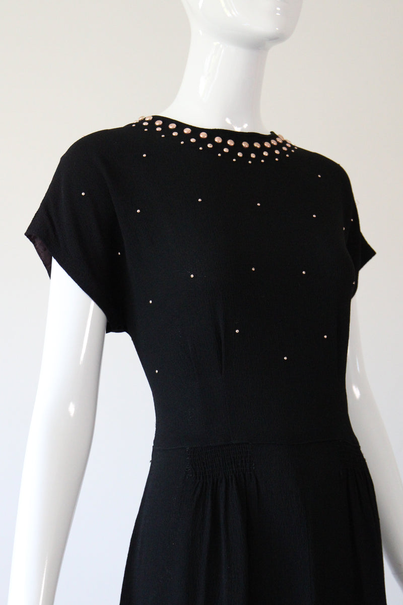 "Rose Gold Studs" Vintage 1940's Crepe Silk Studded Dress UK 12 US 8