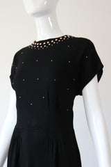 "Rose Gold Studs" Vintage 1940's Crepe Silk Studded Dress UK 12 US 8