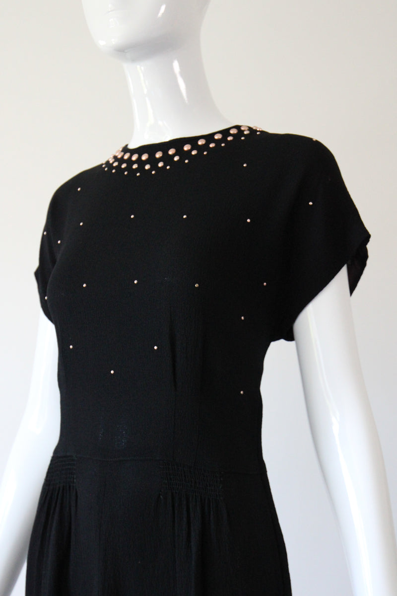 "Rose Gold Studs" Vintage 1940's Crepe Silk Studded Dress UK 12 US 8