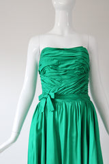 "Emerald Satin Pleats" Vintage 1950's Emerald Green Satin Strapless Dress UK 6 US 2