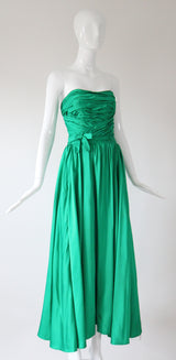 "Emerald Satin Pleats" Vintage 1950's Emerald Green Satin Strapless Dress UK 6 US 2