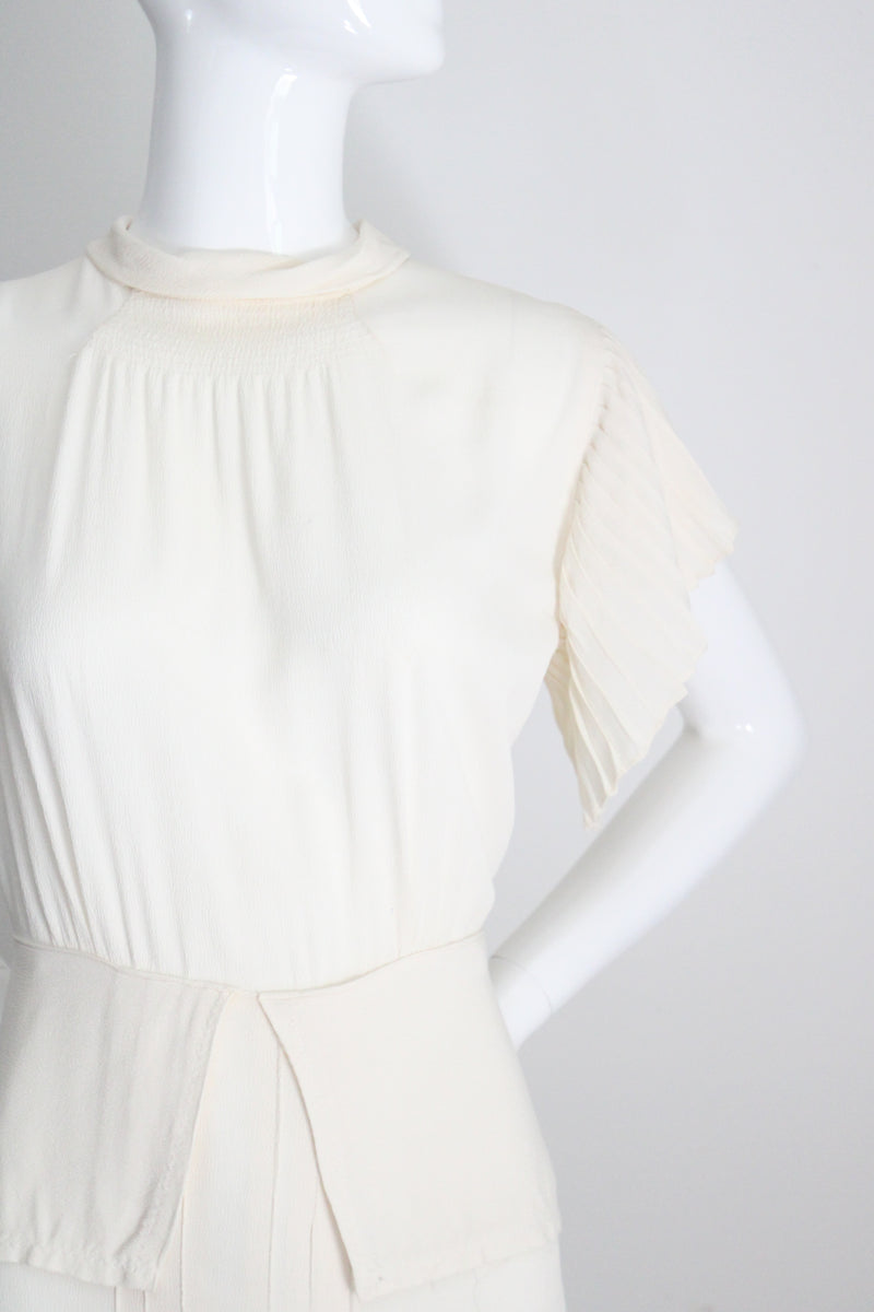 "Cream Pleats" Vintage 1940's Cream Crepe Silk Pleated Dress UK 10 US 6