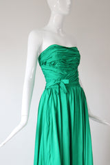"Emerald Satin Pleats" Vintage 1950's Emerald Green Satin Strapless Dress UK 6 US 2