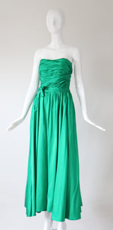 "Emerald Satin Pleats" Vintage 1950's Emerald Green Satin Strapless Dress UK 6 US 2