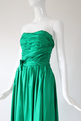 "Emerald Satin Pleats" Vintage 1950's Emerald Green Satin Strapless Dress UK 6 US 2