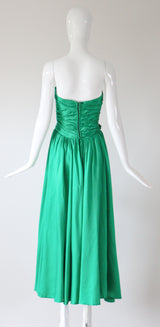 "Emerald Satin Pleats" Vintage 1950's Emerald Green Satin Strapless Dress UK 6 US 2