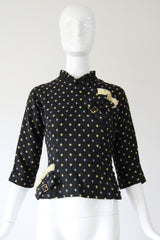 "Pleats & Buttons" Vintage Early 1950's Charcoal Grey Wool Blouse UK 8 US 10