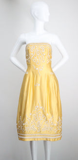 "Embroidered Bells" Vintage 1950's Satin Embroidered Strapless Dress UK 6-8 US 2-4