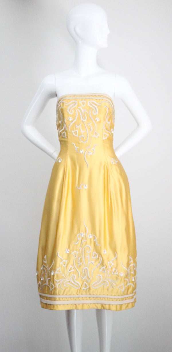 "Embroidered Bells" Vintage 1950's Satin Embroidered Strapless Dress UK 6-8 US 2-4