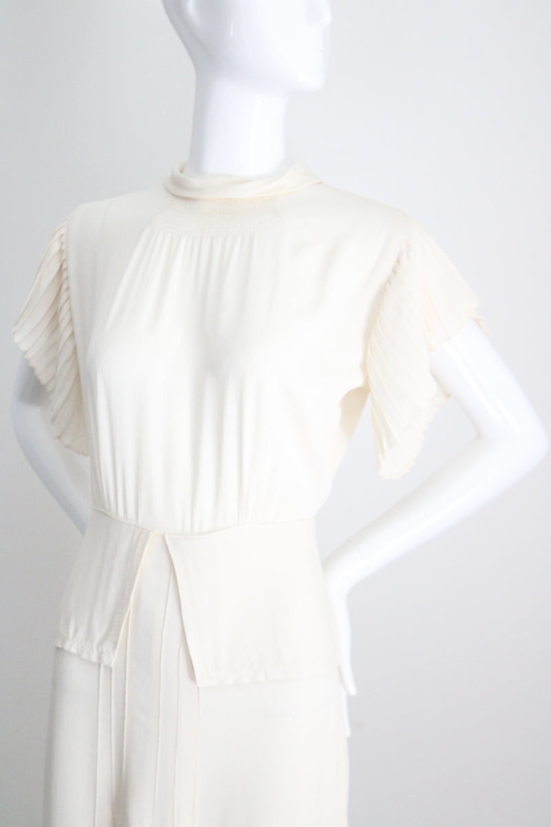 "Cream Pleats" Vintage 1940's Cream Crepe Silk Pleated Dress UK 10 US 6