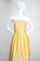 "Embroidered Bells" Vintage 1950's Satin Embroidered Strapless Dress UK 6-8 US 2-4