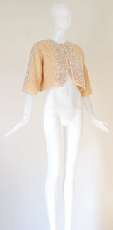 "Rhinestones & Lace" Vintage 1950's Lee Herman Buttercream Cardigan UK 12 US 8